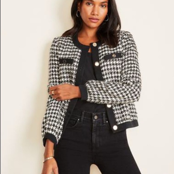 Ann Taylor Houndstooth Jacket Medium Petite Black White & Gold Metallic Shimmer! - Picture 2 of 9